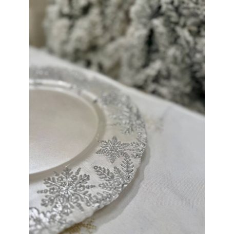 Fehér és ezüst üveg karácsonyi tányér - 33 cm