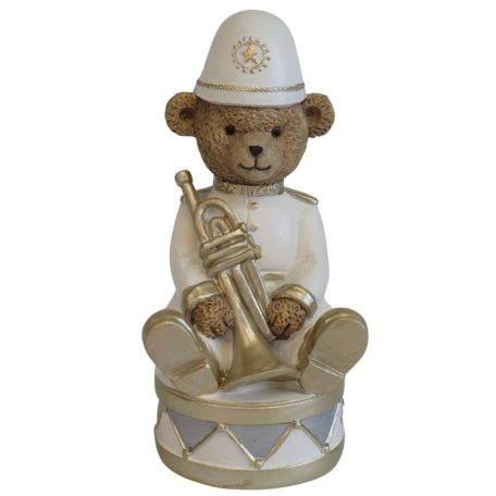 Fehér-arany karácsonyi mackó trombitával - 14 cm - Várható érkezés: 2025.09.hó