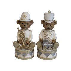   Fehér-arany karácsonyi mackó trombitával - 14 cm - Raktáron