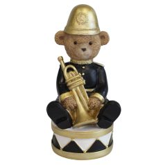 Fekete és arany karácsonyi mackó trombitával - 14 cm