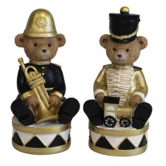 Fekete és arany karácsonyi mackó trombitával - 14 cm