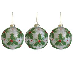   Fehér-zöld üveg karácsonyi gömbök - 10 cm - 3 db/csomag