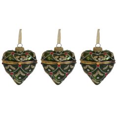 Zöld és arany nyitható szívek - 8 cm - 3 db/csomag