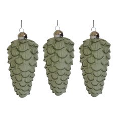 Zöld üveg fenyőtobozok - 12 cm - 3 db/csomag