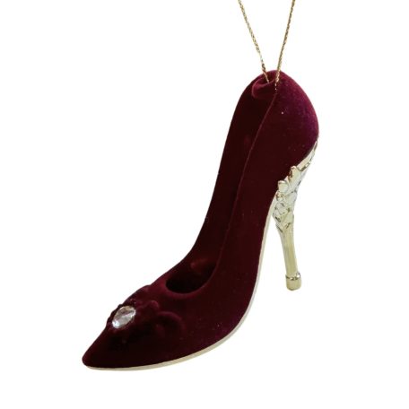 Piros bársony karácsonyfadísz cipő - 8 cm