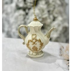 Karácsonyfadísz - Fehér-arany teáskanna - 10 cm