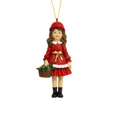 Karácsonyfadísz - Piros ruhás lány kosárral - 12 cm