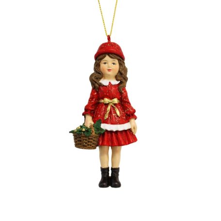 Karácsonyfadísz - Piros ruhás lány kosárral - 12 cm
