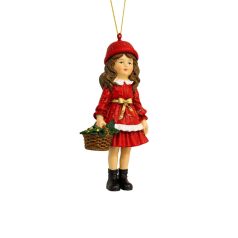 Karácsonyfadísz - Piros ruhás lány kosárral - 12 cm