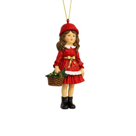 Karácsonyfadísz - Piros ruhás lány kosárral - 12 cm