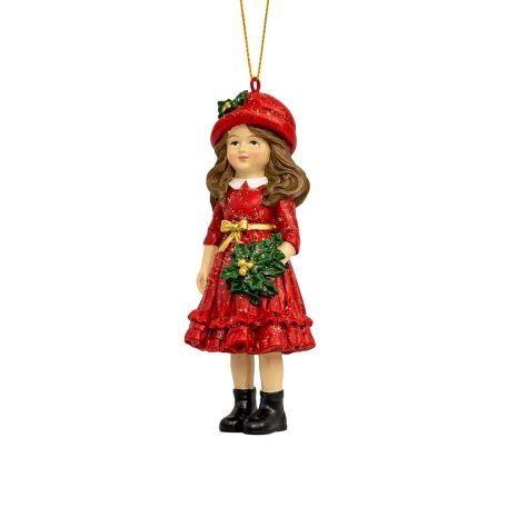 Karácsonyfadísz - Piros rózsás kislány - 12 cm