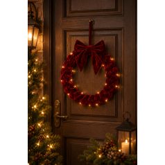 Piros karácsonyi koszorú masnival - 20 LED – 42 cm