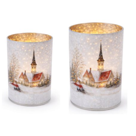 Karácsonyi üveg gyertyatartó - Templom - 12 cm, 15 cm