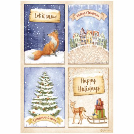Stamperia riszpapir - A4 - Winter Valley 4 cards fox - DFSA4802 