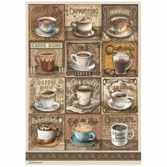   Stamperia rizspapir - A4 -  21x29,7cm - Coffee and Chocolate tags with cups - DFSA-4822