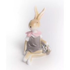 Nyuszi figura szürke ruhás kosárkával - 9,7 cm