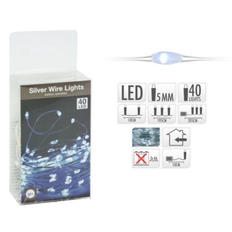40 LEDes fényfüzér ezüstdrót fehér beltéri elemes 205 cm