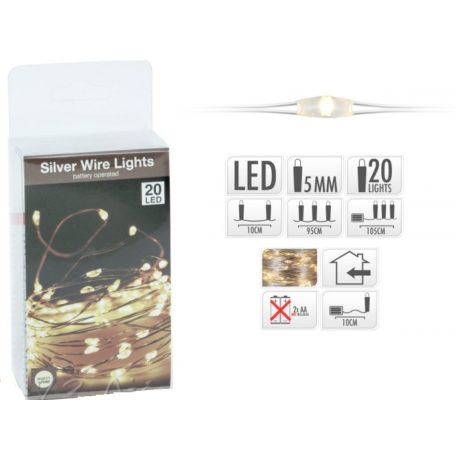 20 LEDes fényfüzér ezüstdrót melegfehér beltéri elemes - 105 cm