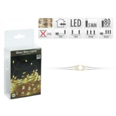  80 LEDes fényfüzér melegfehér ezüstdrót elemes - 405 cm