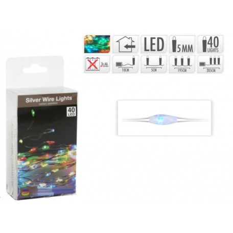 40 LEDes fényfüzér ezüstdrót színes elemes - 205 cm