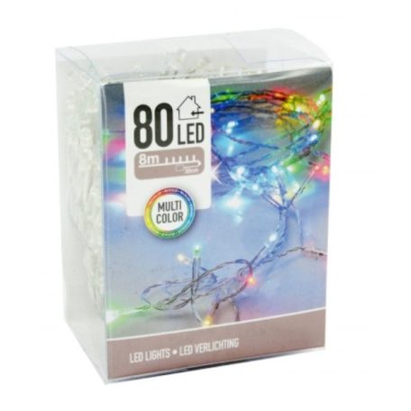 80 LEDes fényfüzér színes beltéri elemes - 8,3 m 