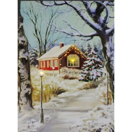 Karácsonyi LEDes világító falikép havas házikó - 30x40 cm