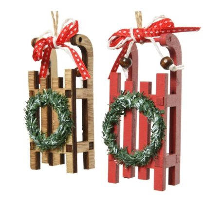 Szánkó koszorúval akasztós - 10 cm