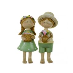   Figura fiú/lány kaspós virággal zöld/barna -  6,5x6x15,5 cm  
