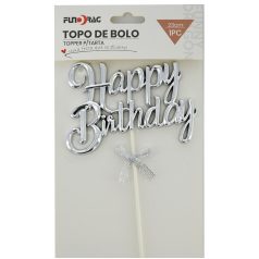 Torta dekor - Happy Birthday - Ezüst - 23 cm