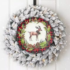    Nyomtatott fa tábla koszorú közép - Szarvasos piros kockás - 14,8 cm