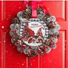  Nyomtatott fa tábla koszorú közép - Merry Christmas manós - 14,8 cm