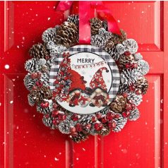    Nyomtatott fa tábla koszorú közép - Merry Christmas manós - 14,8 cm