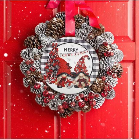  Nyomtatott fa tábla koszorú közép - Merry Christmas manós - 14,8 cm