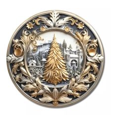   Nyomtatott fa tábla koszorú közép - Arany fenyő - 11,8 cm