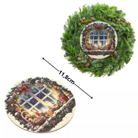 Nyomtatott fa tábla koszorú közép - Karácsonyi ablak gyertyás - 11,8 cm
