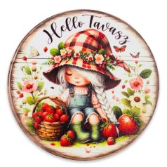   Nyomtatott dekorkarton - Hello tavasz kislány koszorúközép - 11,8 cm