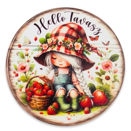 Nyomtatott dekorkarton - Hello tavasz kislány koszorúközép - 11,8 cm