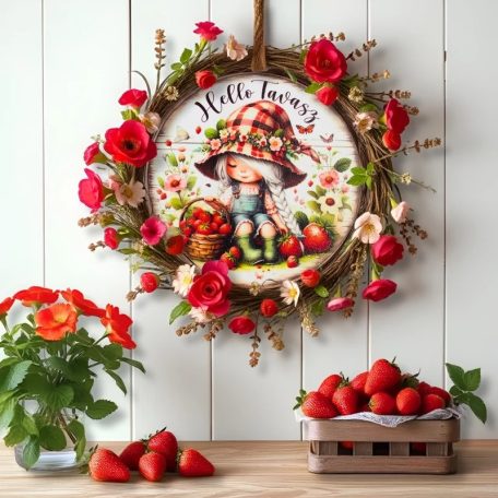 Nyomtatott dekorkarton - Hello tavasz kislány koszorúközép - 11,8 cm