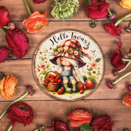 Nyomtatott dekorkarton - Hello tavasz kislány koszorúközép - 11,8 cm