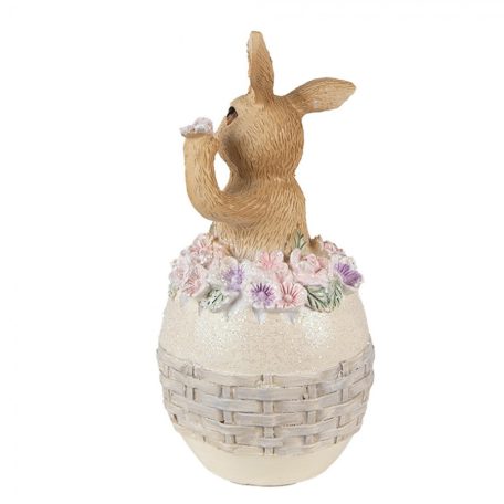 Nyuszi figura tojásban, rózsaszín virágokkal - 13 cm - Raktáron