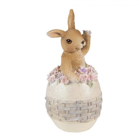 Nyuszi figura tojásban, rózsaszín virágokkal - 13 cm - Raktáron
