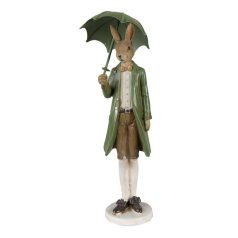   Nyúl figura zöld kabátban és zöld esernyővel - 10x9x27 cm