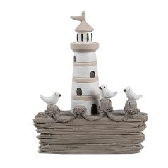 Fehér-bézs világitótorony madarakkal - 10x4x12 cm