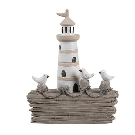 Fehér-bézs világitótorony madarakkal - 10x4x12 cm