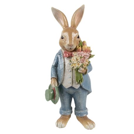 Kék kabátos nyuszifiú virágcsokorral - 26 cm