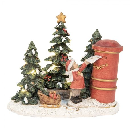 LED-es karácsonyi kislány figura fenyőfával, postaládával - 16x12x14 cm