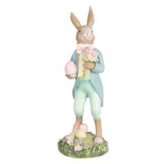   Kék kabátos nyuszifiú tojással és virággal - 13 cm - Raktáron