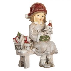 Lány figura padon kutyussal - 7x5x10 cm - Raktáron