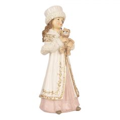 Lány figura macival - Krém - 8x7x17 cm 