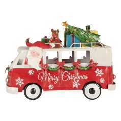 Santa busz LED-es, piros fém - 31x15x21cm